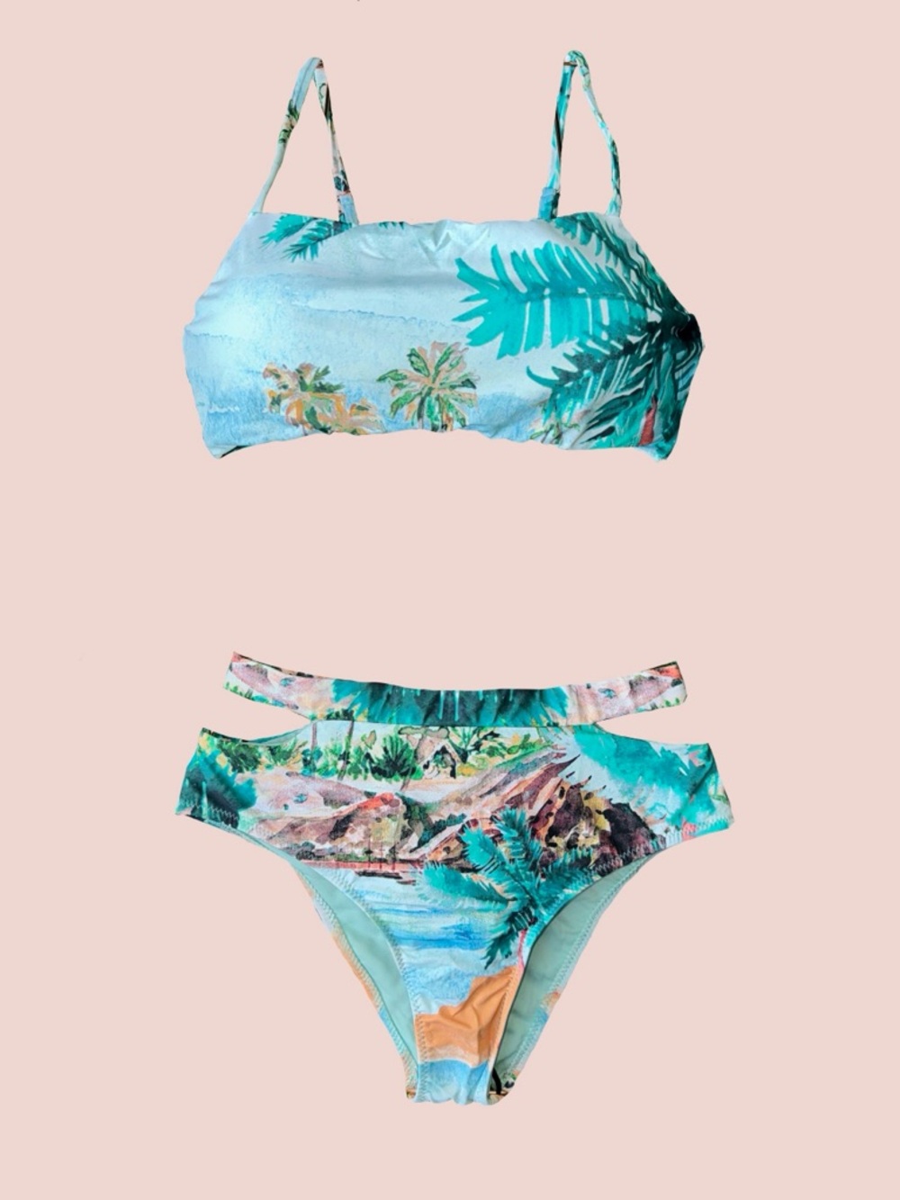 Tropical Print Bikini Set - Aqua Green Palm